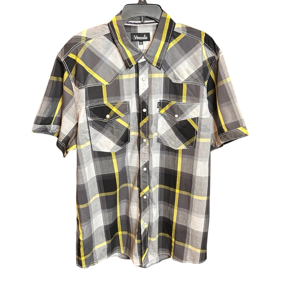 NWT Venzulia Men's Size 2XL Plaid Western Snap Shirt Short Sleeve Black White